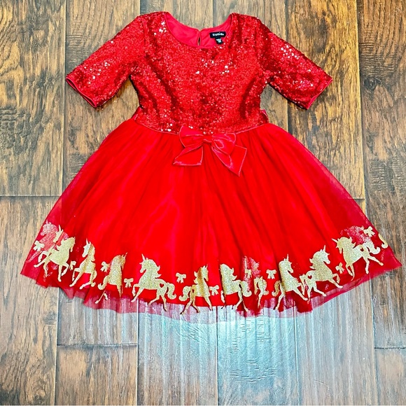 🦄 Zunie Girls Red Sequin Dress with Gold Unicorns (Size 6X) - Picture 1 of 5